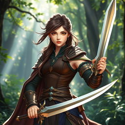 A 20-year-old brunette girl with striking brown eyes, portrayed as a fierce battle mage, standing confidently in a vibrant forest