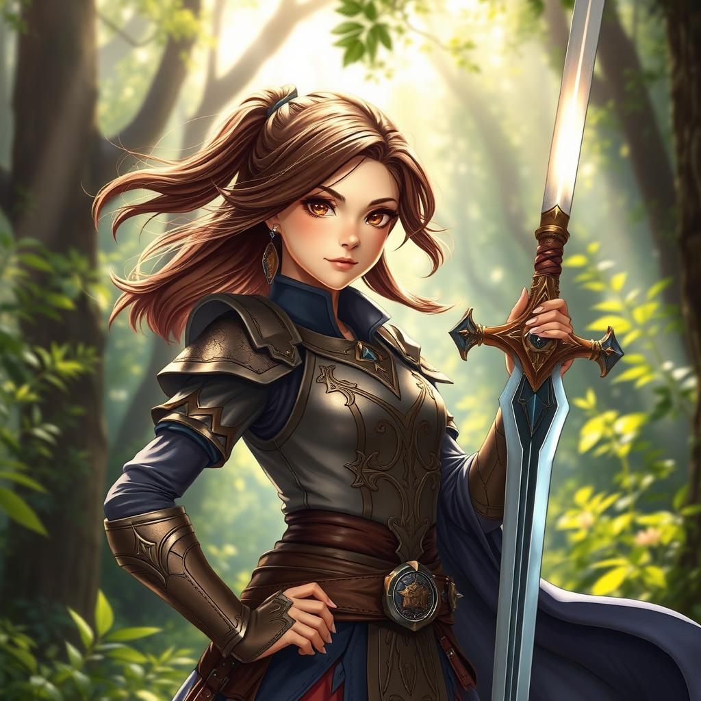 A 20-year-old brunette girl with striking brown eyes, portrayed as a fierce battle mage, standing confidently in a vibrant forest