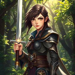 A 20-year-old brunette girl with captivating brown eyes, depicted as a battle mage, confidently standing in a vibrant forest