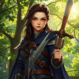 A 20-year-old brunette girl with captivating brown eyes, depicted as a battle mage, confidently standing in a vibrant forest