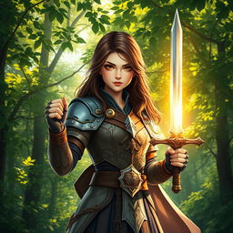 A 20-year-old brunette girl with captivating brown eyes, depicted as a battle mage, confidently standing in a vibrant forest