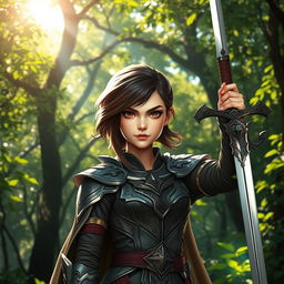 A 20-year-old brunette girl with captivating brown eyes, depicted as a battle mage, confidently standing in a vibrant forest