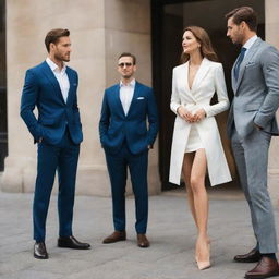 A group of fashionable handsome men admiring a graceful woman with long, toned legs.