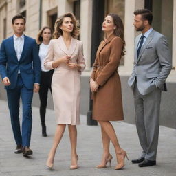 A group of fashionable handsome men admiring a graceful woman with long, toned legs.