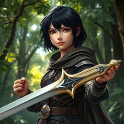 A 20-year-old girl with striking black hair and captivating brown eyes, depicted as a formidable battle mage, stands confidently in a mystical forest