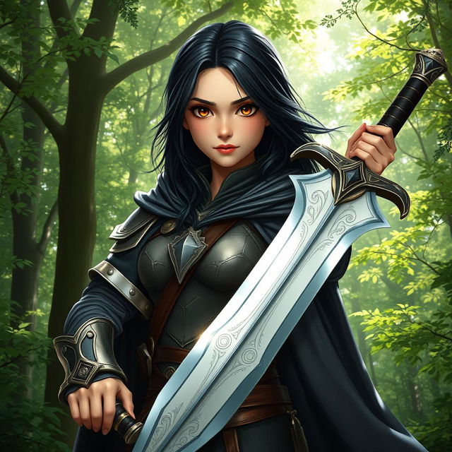 A 20-year-old girl with striking black hair and captivating brown eyes, depicted as a formidable battle mage, stands confidently in a mystical forest