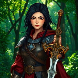 A 20-year-old girl with striking black hair and captivating brown eyes, depicted as a formidable battle mage, stands confidently in a mystical forest