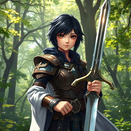 A 20-year-old girl with striking black hair and captivating brown eyes, depicted as a formidable battle mage, stands confidently in a mystical forest