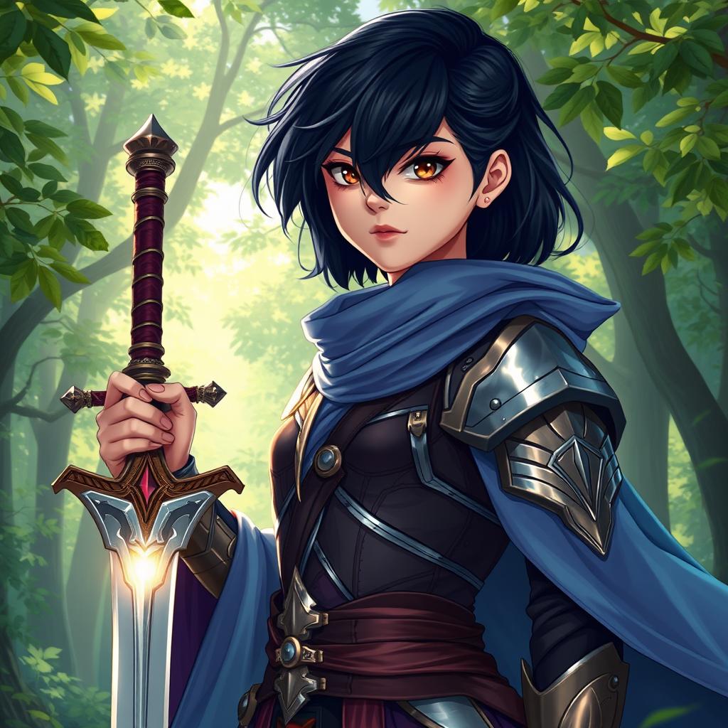 A 20-year-old girl with striking black hair and deep brown eyes, depicted as a powerful battle mage, standing confidently in an enchanted forest