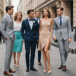 A group of fashionable handsome men admiring a graceful woman with long, toned legs.