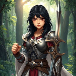 A 20-year-old girl with striking black hair and deep brown eyes, depicted as a powerful battle mage, standing confidently in an enchanted forest