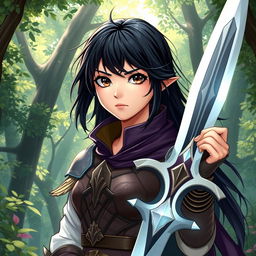 A 20-year-old girl with striking black hair and deep brown eyes, depicted as a powerful battle mage, standing confidently in an enchanted forest