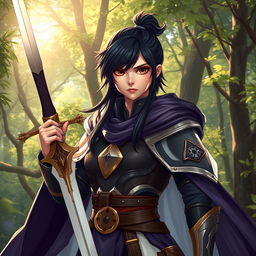 A 20-year-old girl with striking black hair and deep brown eyes, depicted as a powerful battle mage, standing confidently in an enchanted forest