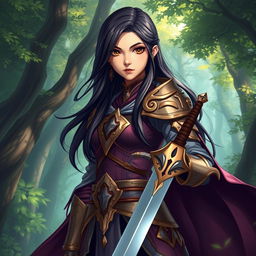 A 20-year-old girl with long, flowing black hair and deep brown eyes, depicted as a powerful battle mage, stands confidently in a mystical forest