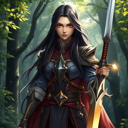 A 20-year-old girl with long, flowing black hair and deep brown eyes, depicted as a powerful battle mage, stands confidently in a mystical forest