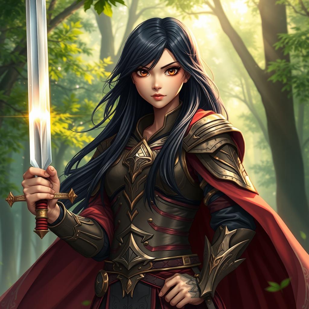 A 20-year-old girl with long, flowing black hair and deep brown eyes, depicted as a powerful battle mage, stands confidently in a mystical forest