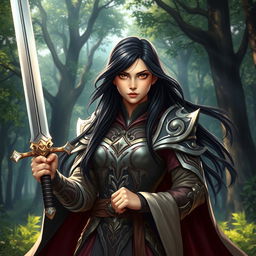 A 20-year-old girl with long, flowing black hair and deep brown eyes, depicted as a powerful battle mage, stands confidently in a mystical forest