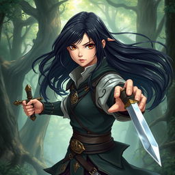 A 20-year-old girl with long, flowing black hair and expressive brown eyes, portrayed as a powerful battle mage, stands defiantly in a mystical forest