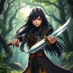 A 20-year-old girl with long, flowing black hair and expressive brown eyes, portrayed as a powerful battle mage, stands defiantly in a mystical forest