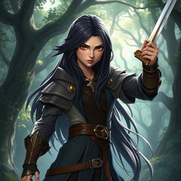 A 20-year-old girl with long, flowing black hair and expressive brown eyes, portrayed as a powerful battle mage, stands defiantly in a mystical forest