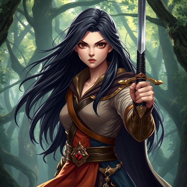 A 20-year-old girl with long, flowing black hair and expressive brown eyes, portrayed as a powerful battle mage, stands defiantly in a mystical forest