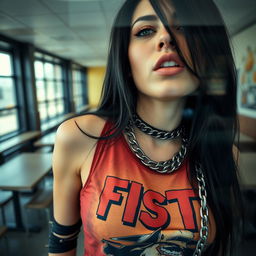 A close-up shot from behind a reinforced plexiglass window focusing on a stunning female figure with long black hair, wearing a faded colorful tank top featuring a bold 'FIST' band logo