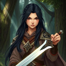 A 20-year-old girl with long black hair cascading down her back and captivating brown eyes, depicted as a formidable battle mage in a magical forest