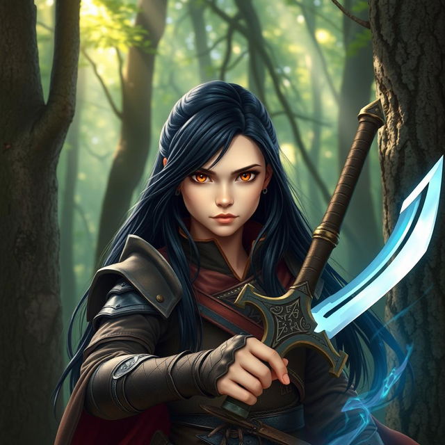 A 20-year-old girl with long black hair cascading down her back and captivating brown eyes, depicted as a formidable battle mage in a magical forest