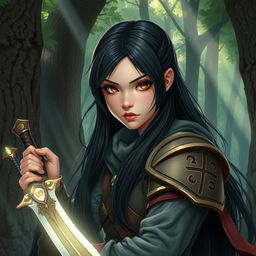 A 20-year-old girl with long black hair cascading down her back and captivating brown eyes, depicted as a formidable battle mage in a magical forest