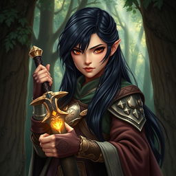 A 20-year-old girl with long black hair cascading down her back and captivating brown eyes, depicted as a formidable battle mage in a magical forest