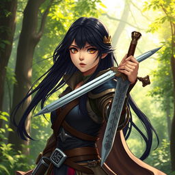 A 20-year-old girl with long, flowing black hair and captivating brown eyes, portrayed as a fierce battle mage, stands poised in a vibrant forest