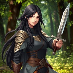 A 20-year-old girl with long, flowing black hair and captivating brown eyes, portrayed as a fierce battle mage, stands poised in a vibrant forest