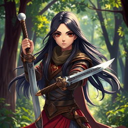 A 20-year-old girl with long, flowing black hair and captivating brown eyes, portrayed as a fierce battle mage, stands poised in a vibrant forest