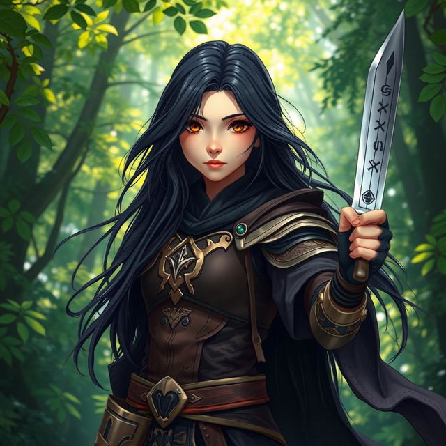 A 20-year-old girl with long, flowing black hair and captivating brown eyes, portrayed as a fierce battle mage, stands poised in a vibrant forest