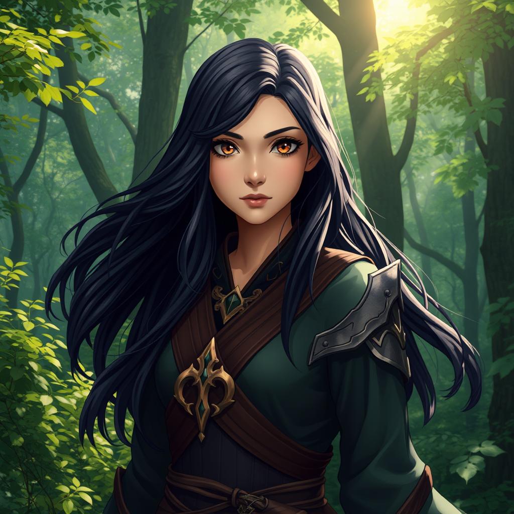 A 20-year-old girl with long, flowing black hair and striking brown eyes, envisioned as a formidable battle mage, stands in a mystical forest