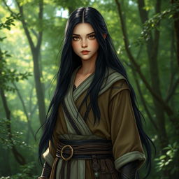 A 20-year-old girl with long, flowing black hair and striking brown eyes, envisioned as a formidable battle mage, stands in a mystical forest