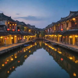 Picturesque scene of Hoi An, Vietnam, showcasing the beautiful ancient town with its vibrant lanterns, historic architecture, and tranquil river lit in twilight