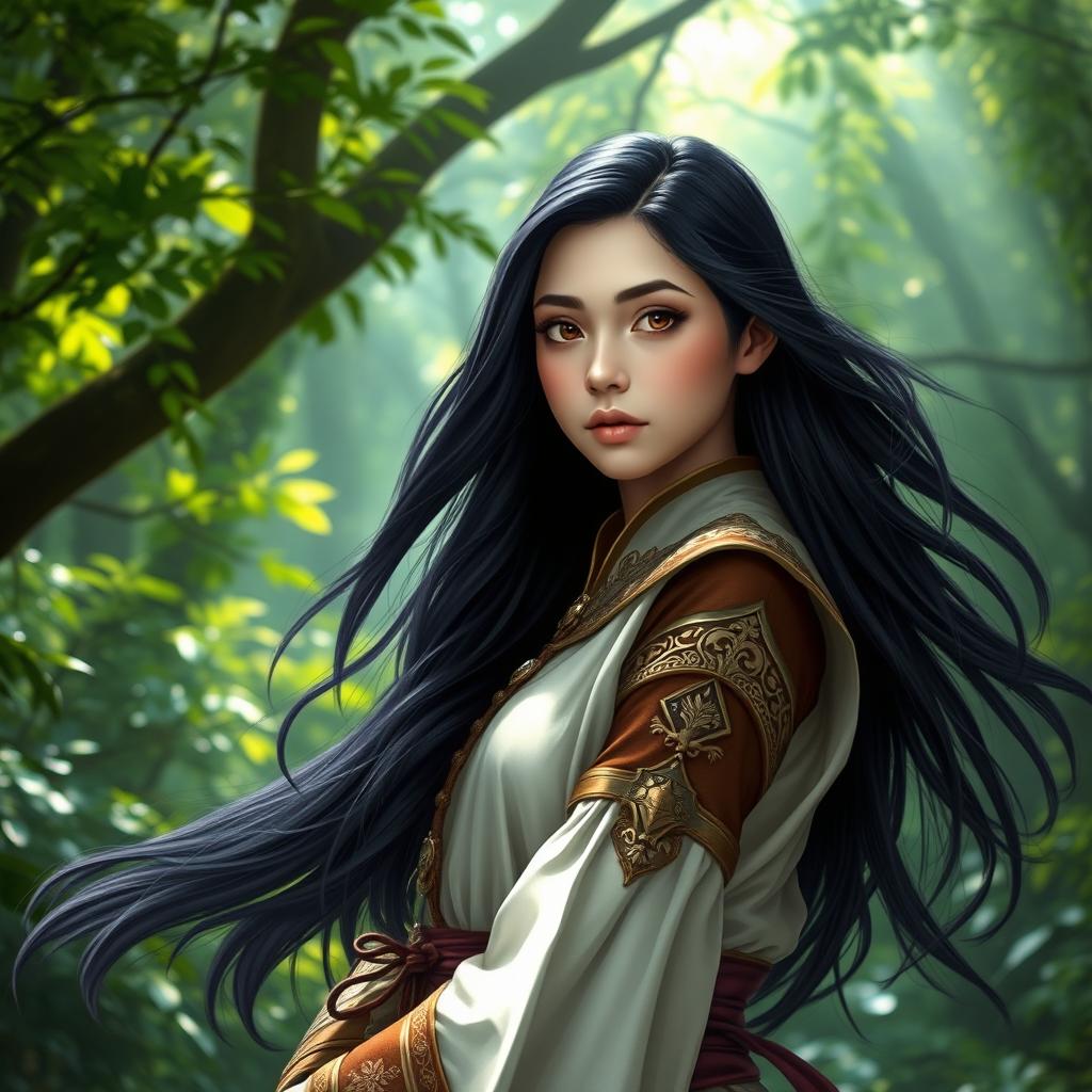 A 20-year-old girl with long, flowing black hair and striking brown eyes, envisioned as a formidable battle mage, stands in a mystical forest