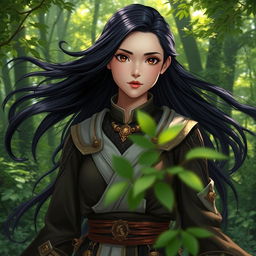 A 20-year-old girl with long, flowing black hair and striking brown eyes, envisioned as a formidable battle mage, stands in a mystical forest