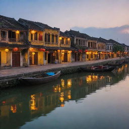 Picturesque scene of Hoi An, Vietnam, showcasing the beautiful ancient town with its vibrant lanterns, historic architecture, and tranquil river lit in twilight