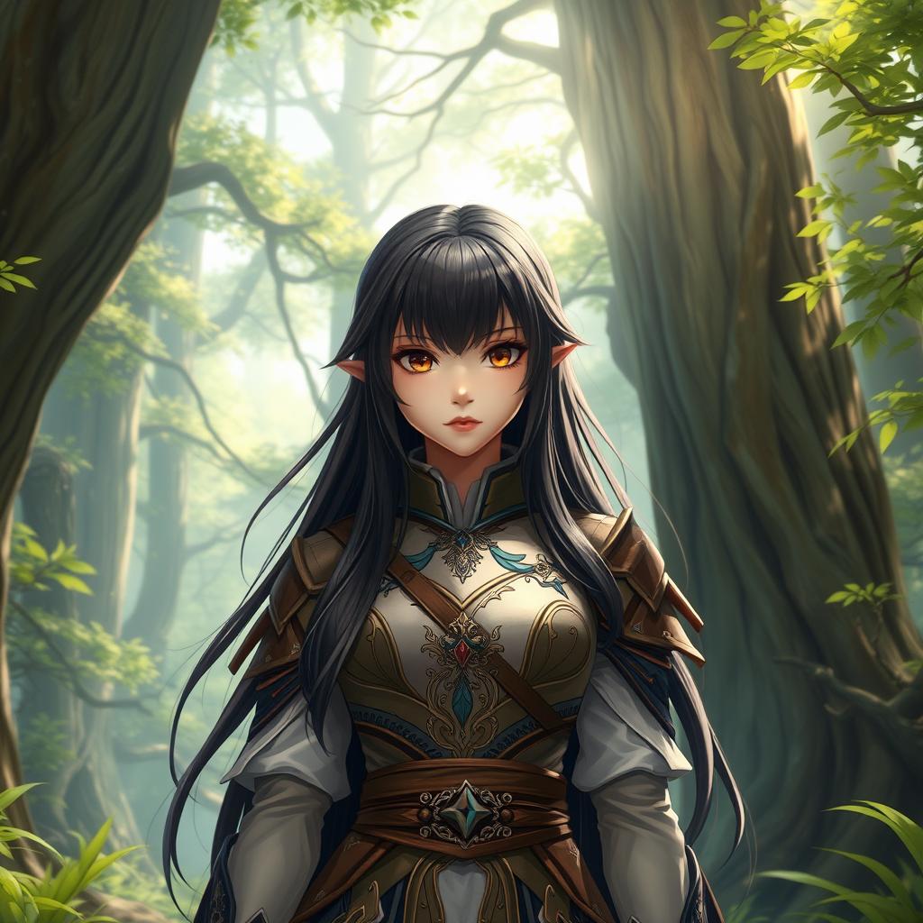 A 20-year-old girl with long, glossy black hair and deep brown eyes, envisioned as a skilled battle mage, standing confidently in a mystical forest