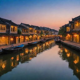 Picturesque scene of Hoi An, Vietnam, showcasing the beautiful ancient town with its vibrant lanterns, historic architecture, and tranquil river lit in twilight