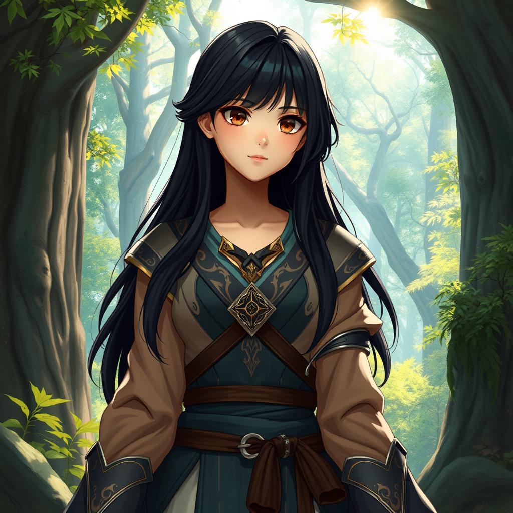 A 20-year-old girl with long, glossy black hair and deep brown eyes, envisioned as a skilled battle mage, standing confidently in a mystical forest