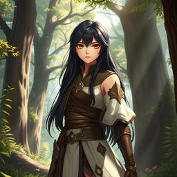 A 20-year-old girl with long, glossy black hair and deep brown eyes, envisioned as a skilled battle mage, standing confidently in a mystical forest