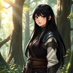 A 20-year-old girl with long, glossy black hair and deep brown eyes, envisioned as a skilled battle mage, standing confidently in a mystical forest