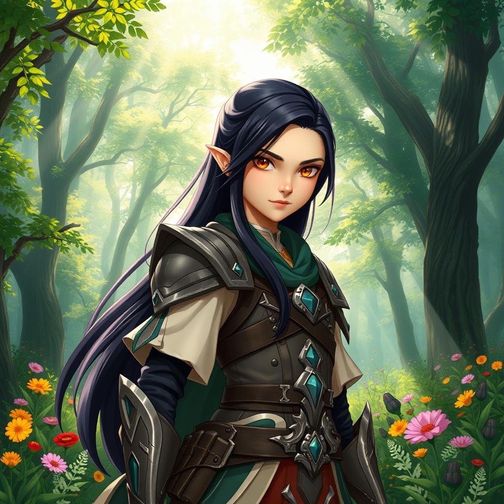 A 20-year-old girl with long, sleek black hair and warm brown eyes, depicted as a powerful battle mage, standing confidently in an enchanting forest