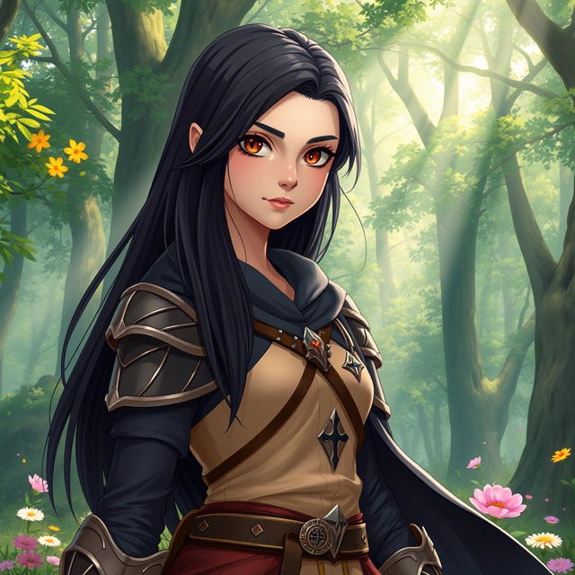 A 20-year-old girl with long, sleek black hair and warm brown eyes, depicted as a powerful battle mage, standing confidently in an enchanting forest