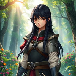 A 20-year-old girl with long, sleek black hair and warm brown eyes, depicted as a powerful battle mage, standing confidently in an enchanting forest