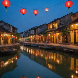 Picturesque scene of Hoi An, Vietnam, showcasing the beautiful ancient town with its vibrant lanterns, historic architecture, and tranquil river lit in twilight