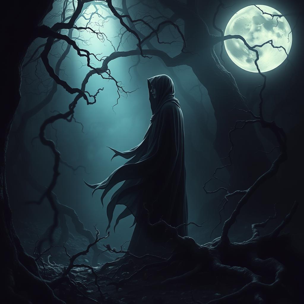 A mysterious scene depicting an ethereal figure cloaked in flowing dark robes, standing in a shadowy forest with dim light filtering through the gnarled branches above